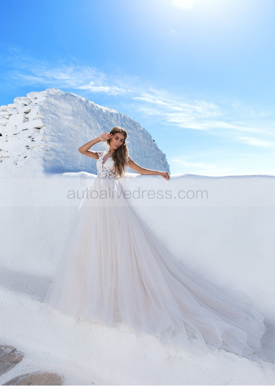 Short Sleeve Beaded Ivory Lace Tulle Wedding Dress